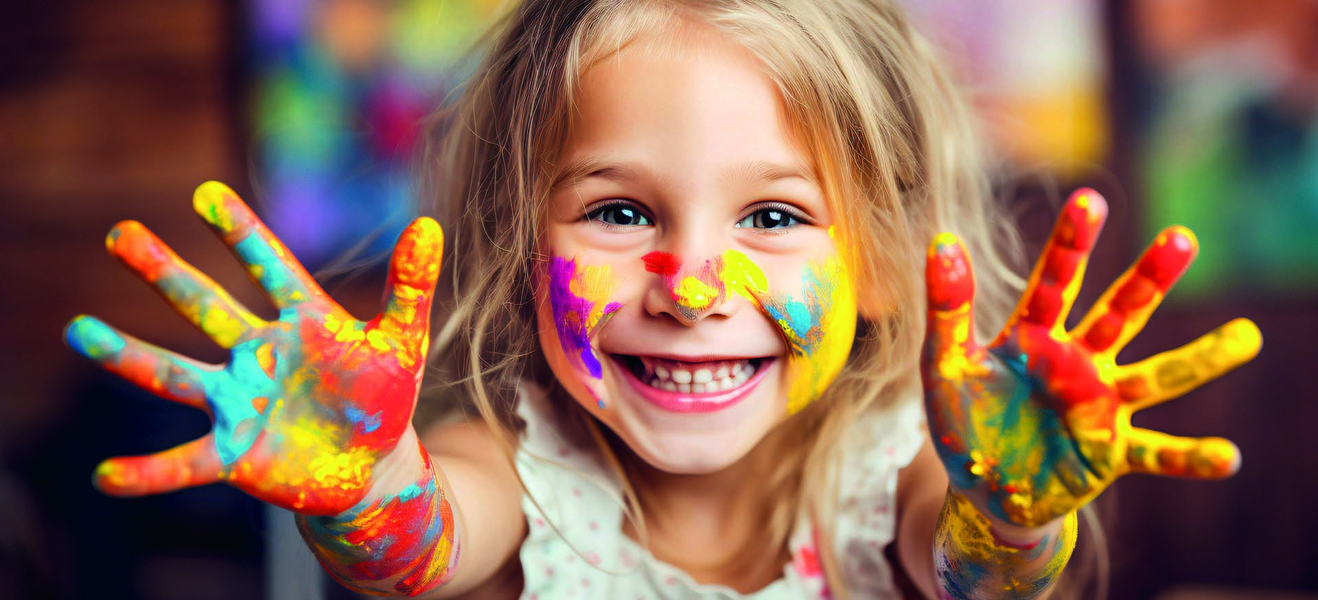 bambina bionda con le mani colorate